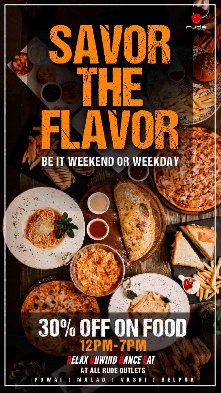 30 percent off on food at rude lounge